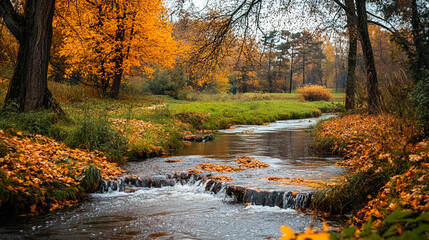 秋の森林と滝 Autumn Forest with Waterfall｜Generative AI