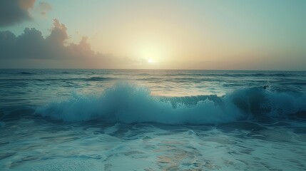 Tranquil Coastal Sunrise: Wide-Angle Capture of Gentle Waves and a Surfer's Silhouette