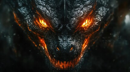 Close up of a dragon's face with fiery eyes and teeth.