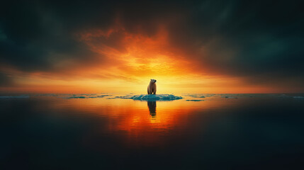 Fototapeta premium Polar bear is standing on a melting ice floe at sunset, highlighting the impact of climate change