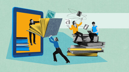 Man inside tablet passes large book to woman, people on books learning. Digital and traditional...