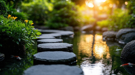 Tranquil japanese garden with stepping stones at sunset for feng shui banner