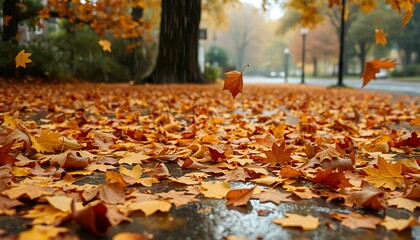 With the arrival of autumn, the leaves that have fallen to the ground begin to disperse. It is raining. pattern.