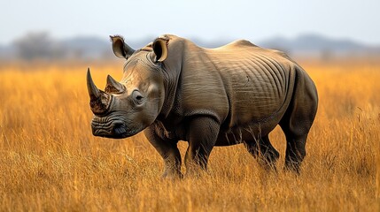Obraz premium A massive, wild rhinoceros stands alone on the savanna.