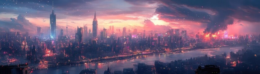 Obraz premium A mystical cityscape blending fantastical elements with urban grit, enchanting lights dancing overhead