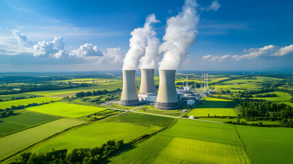Aerial view of modern nuclear power plant with cooling towers emitting steam against clear blue sky, surrounded by lush green fields, symbolizing clean energy and environmental balance.