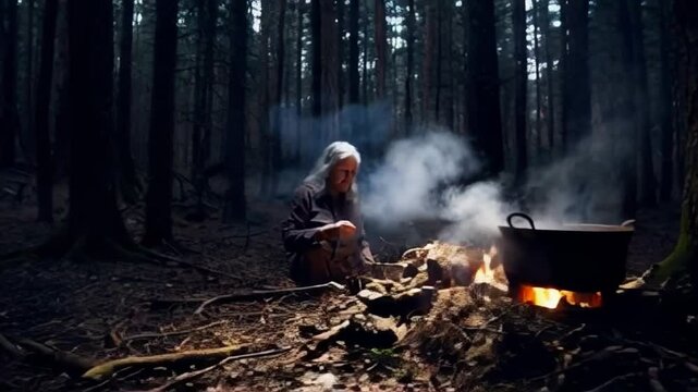 Witch preparing a potion in a foggy forest
