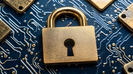 Golden padlock on a circuit board background, representing digital security concepts.