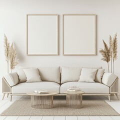 Design of modern living room with vegetation and empty picture frames in white 3D rendering, 3D illustration in natural colors