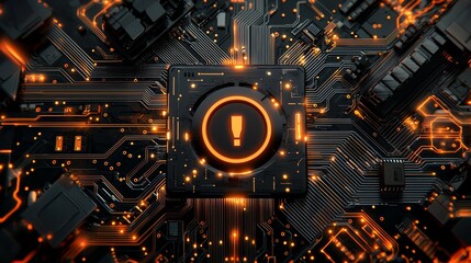 3D rendering of an activated technology concept. A microchip with a power symbol and orange neon glow transmits data between the CPU and the user.