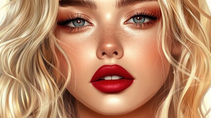 Fototapeta premium Close-up portrait of a woman with blonde hair and bright red lipstick.