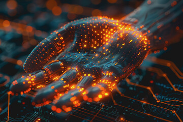 Obraz premium Hand of AI and Technology, connect with the world of AI.