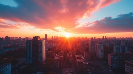 Fototapeta premium A sleek minimalist rooftop view, a drone capturing the cityscape at sunset, soft colors blending in harmony