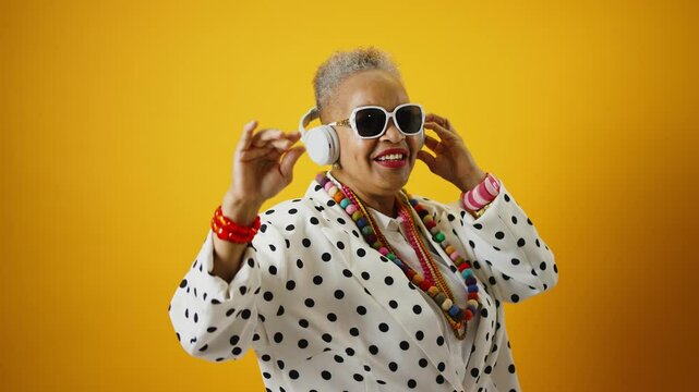 Cinematic video of a senior woman wearing fashionable clothes acting in studio on backdrops. Old woman dancing and having fun.