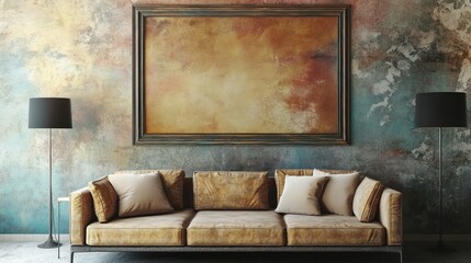 Beige sofa with pillows and a large picture frame on a rustic wall.