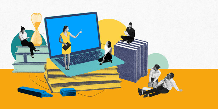 Woman inside large laptop leading lesson, indicating blend of online education and personal interaction for effective learning. Contemporary art collage. Concept of business and education, skills