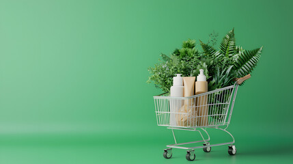 Shopping Cart with Green Plants and Eco-Friendly Products