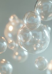 A bunch of clear glass spheres are floating in the air