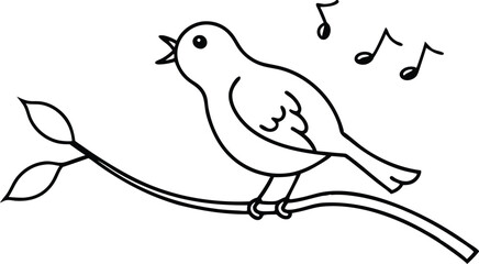Kids Coloring Vector Illustration of Chirping Bird on a Branch with Music
