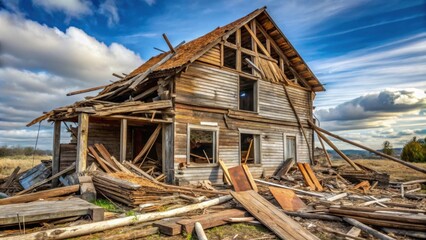 Destroyed wooden house debris , demolition, wreckage, destruction, ruin, rubble, splinters, broken, shattered, building