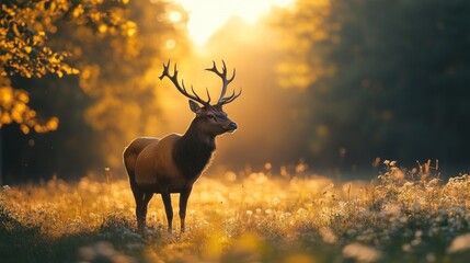 Majestic deer standing in a golden meadow at sunset, with a blurred forest background.