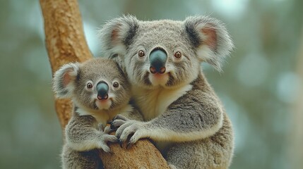 Naklejka premium A mother koala with her baby on her back sits on a tree branch.