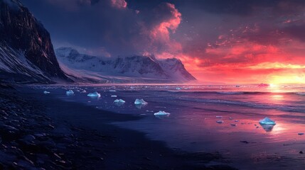 Fototapeta premium Diamond Beach at twilight, with glowing icebergs dotting the shoreline and a distant view of the glaciers that feed this magical landscape.
