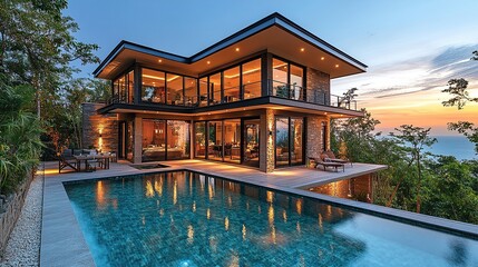 Fototapeta premium A modern villa with luxurious decor features a pool illuminated in the evening.