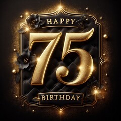 Elegant gold 75th birthday design with flowers and sparkles on a black background.
