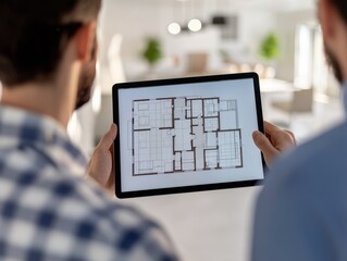 Two men discussing architectural plans on a tablet indoors.