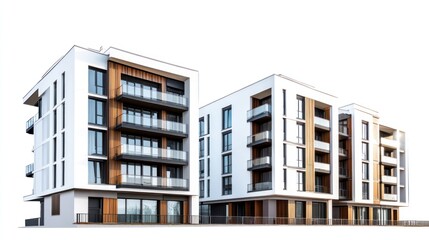 Obraz premium Modern apartment building with balconies and windows on a white background.