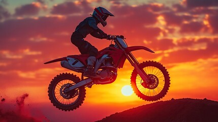 A motocross rider performs a jump at sunset, creating a dramatic silhouette against the dirt track.