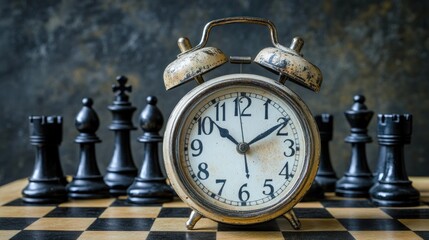 A vintage alarm clock sits on a chessboard with black chess pieces in the background.