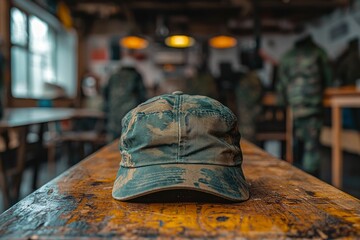 Camouflage Baseball Cap on a Wooden Table in a Blurry Room
