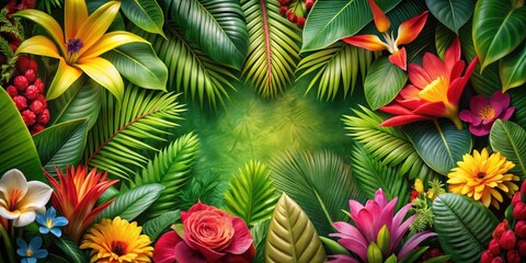 Fototapeta premium Vivid and detailed of tropical flowers and leaves in vibrant colors