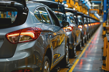 Obraz premium Mass production assembly line of modern cars in a busy factory.