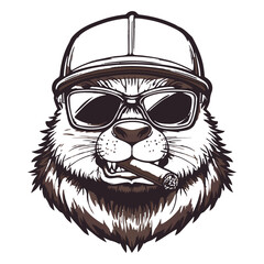 Logo, vector style, black and white, simple design of an angry beaver wearing sunglasses 