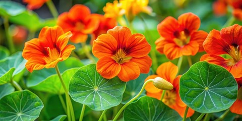 Obraz premium Closeup of vibrant orange nasturtium flowers and green leaves in a garden setting