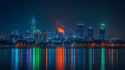 Indian tricolour lighting up a city skyline at night, with landmarks and buildings illuminated in patriotic colours