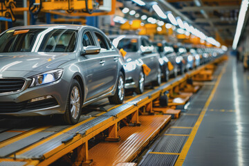 Mass production assembly line of modern cars in a busy factory.
