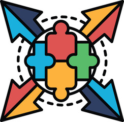 A colorful puzzle piece with arrows pointing in different directions