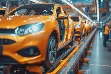 Obraz premium Mass production assembly line of modern cars in a busy factory.