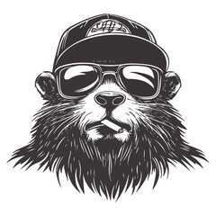 Logo, vector style, black and white, simple design of an angry beaver wearing sunglasses 