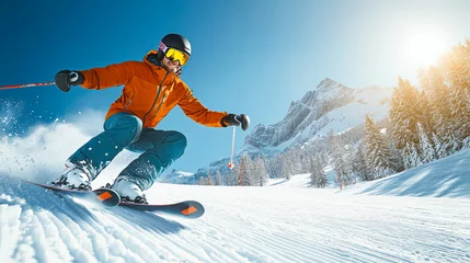 Fotobehang Man enjoying skiing in mountain ski resort with beautiful winter landscape banner. Male freeride skier on slope with professional equipment on sunny day Skier carving down slope against clear blue sky © Dina Photo Stories