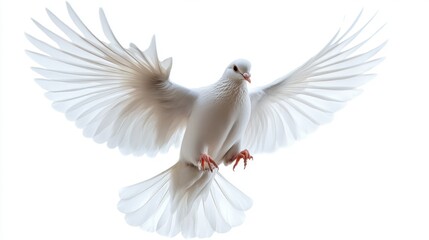 Fototapeta premium White dove with wings spread in flight, isolated against a white background.