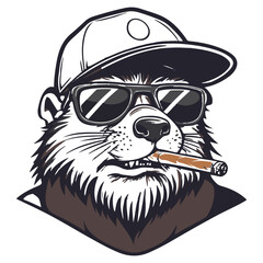 Logo, vector style, black and white, simple design of an angry beaver wearing sunglasses 