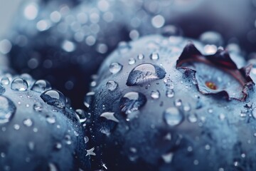 Close-up of dewy blueberries with intricate details of water droplets, highlighting their fresh and juicy appeal.