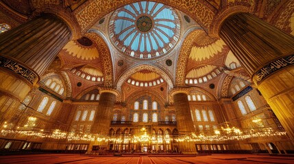 Obraz premium Interior view of the Blue Mosque grand dome, showcasing the intricate Islamic art, tiles, and chandeliers.