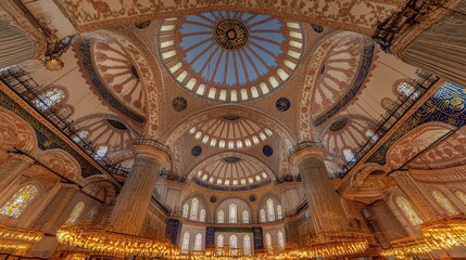 Naklejka premium Interior view of the Blue Mosque grand dome, showcasing the intricate Islamic art, tiles, and chandeliers.