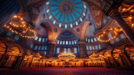 Obraz premium Interior view of the Blue Mosque grand dome, showcasing the intricate Islamic art, tiles, and chandeliers.